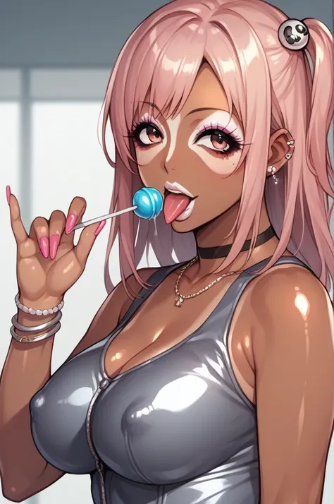 Score_9, score_8_up, score_7_up, score_6_up, score_5_up, score_4_up, source_anime, solo, 1girl, mature female, honoka_(DOA), long eyelashes, Ganguro, dark skin, dark-skinned female, white makeup, eyeshadow, piercings, tanned skin, shiny skin, metallic tan,...