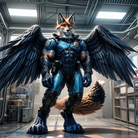 (((anthro muscle red fox, blue eyes, brown forearm, whiskers, black stripe on muzzle, digitigrate))), ((blue feathered wings)), in a (police station). (((human legs))), ((big paws)), (shocked expression), ((Space suit)), broad shoulders, big biceps, big pe...