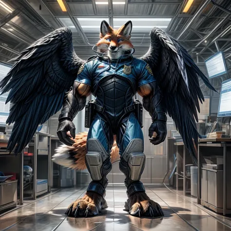 (((anthro muscle red fox, blue eyes, brown forearm, whiskers, black stripe on muzzle, digitigrate))), ((blue feathered wings)), in a (police station). (((human legs))), ((big paws)), (shocked expression), ((Space suit)), broad shoulders, big biceps, big pe...