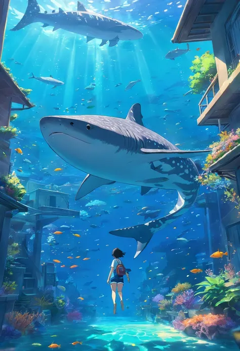 an In the water city, Ocean world, In the water, city In the water, Ocean, fish, whale shark, Handsome man snorkeling, Floating on water, In the water, Fantasy, Reef, Stingray, jellyfish, House under water, makoto shinkai, Ghibli, Cinematic Light