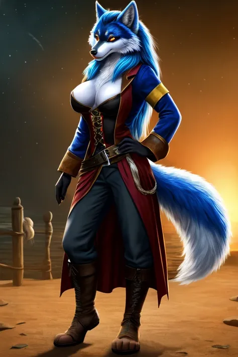 Female, anthro wolf, full breast, standing, perfect, realistic looking, fur body, fur all over, bioluminescent markings, very long hair, Pirate, fully clothed,