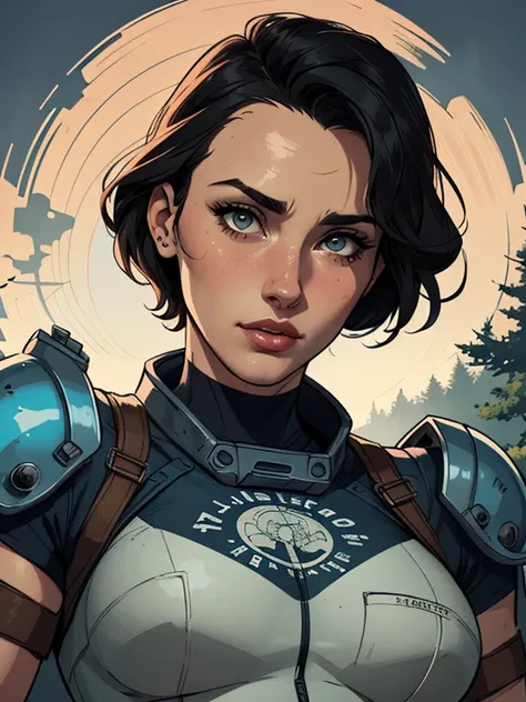 Personagem mulher estilo atompunk Fallout 4 cabelos pretos  atriz Ella Purnell com marcas de guerras Imagem de desenho animado de uma mulher .Ilustracaoo estilo desenho animado, estilo de arte dos desenhos animados, estilo de arte dos desenhos animados, di...