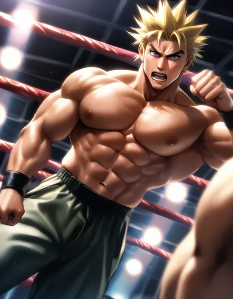 1guy, heavy weight muscular, black wrestling brief, solo, topless, blonde, fighting stance, hollywood action, masculine handsome guy, tsurime, sanpaku, blue eyes, spiked hair, nipples, abs, male high ratio body proportions, dramatic expression, dutch angle...