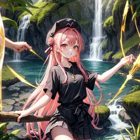 Pink gold golden hair、Red eyes、One good looking girl、solo、anime、Checkered mini skirt、Black camisole、Black T-shirt、hoodie、Wearing a ribbon、Ribbon on waist、Crystal Earrings、Gemstone Necklace、Light and shadow、Tilting face、Teeth are visible、waterfall、Torrent、t...