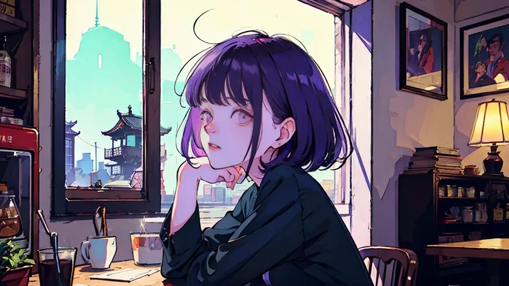 a cafe filled with light、coffee、beautiful asian girl with purple hair, listless、visible from the window, perfect face, sunglasse...