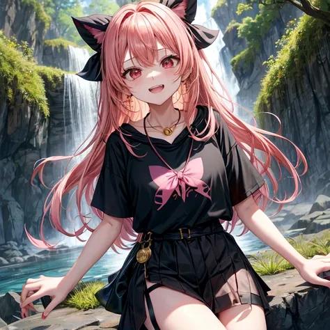 Pink gold golden hair、Red eyes、One good looking girl、solo、anime、Checkered mini skirt、Black camisole、Black T-shirt、hoodie、Wearing a ribbon、Ribbon on waist、Crystal Earrings、Gemstone Necklace、Light and shadow、Tilting face、Teeth are visible、waterfall、Torrent、t...