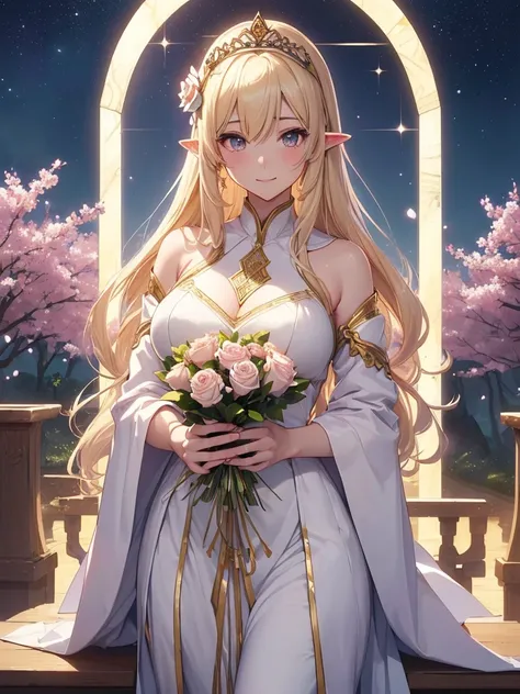 最high quality、Best image quality、masterpiece、Beautiful Face、Super beautiful elf girl((22 year old office lady with big breasts、Bust 90,Beautiful long ironed hair、blonde、height: 165cm。thin、sexy、Esbian、Beautiful tiara、night、high quality、美しいart、((a lotの美しい白Ro...