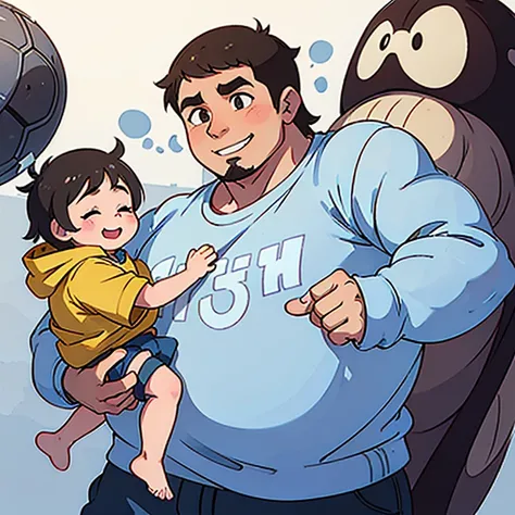 Big Chubby muscular  man smiling holding a chubby 5 years old baby boy using a pacifier 