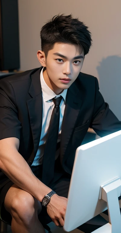 （Handsome Chinese guy：1.5），sitting in office，Face the computer，Tap Keyboard，Business suit，Realistic photos，Brush cut，Textured skin，looks into camera，18-year-old boy，Studio，danshi koukousei，Muscle role，Perfect shadow body，Gigachad muscle，The trend is at CGS...