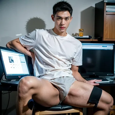 （Handsome Chinese guy：1.5），sitting in office，Face the computer，Tap Keyboard，Business suit，Realistic photos，Brush cut，Textured skin，looks into camera，18-year-old boy，Studio，danshi koukousei，Muscle role，Perfect shadow body，Gigachad muscle，The trend is at CGS...