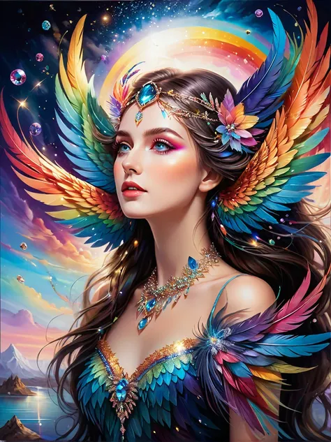 dramatic depiction of a stunning beauty with glittering wings,rainbow feathers. she flew over surrealism,dusk sky,leaving a trai...