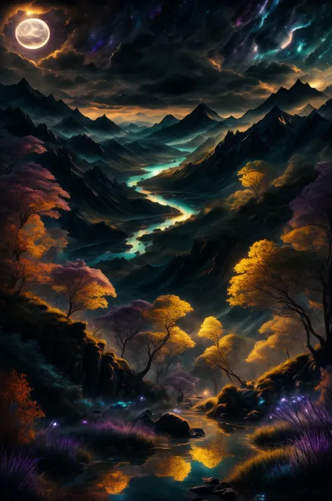 full closeup portrait of complex detailed fractal glow, forming a hyper-detailed ghostly vision of a beautiful succubus in the sky, busty, reflection in water, Ripples on the water, dark mountains on the horizon, Backlight, Starry night sky background, ver...