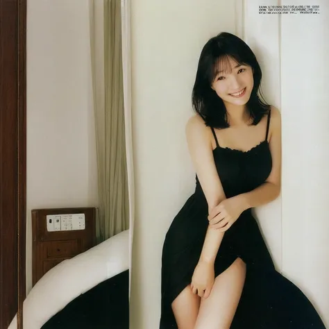 There is a woman standing in a room in a black dress, Magazine Scanning, Magazine Photos, Chiho, kimi takemura, Ishida Sui with black hair, harumi, narumi kakinouchi, magazine article, Advertising images, With a cute - lovely - face, High quality scan, Hol...