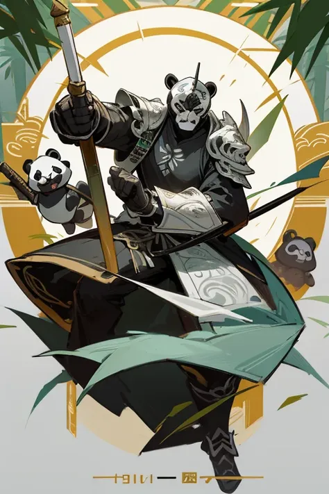 Pandanite, fine armor, Intricate Design, Silver,  8k.sharp、Panda pattern mask、cool、Tonfa、Panda Knight、Veteran、bamboo、