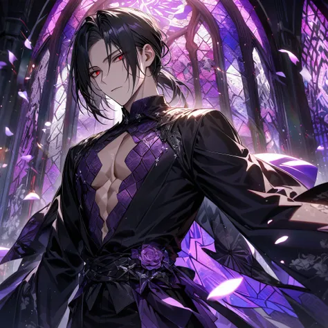 Ultra detailed, HDR, Highres, absurdres, master piece, Sebastian Michaelis, black hair, expressive red eyes, Kuroshitsuji, patterns, black tight shirt, purple stained glass, purple ice, petals, purple ice flowers, sexy man, solo, extremely detailed face an...