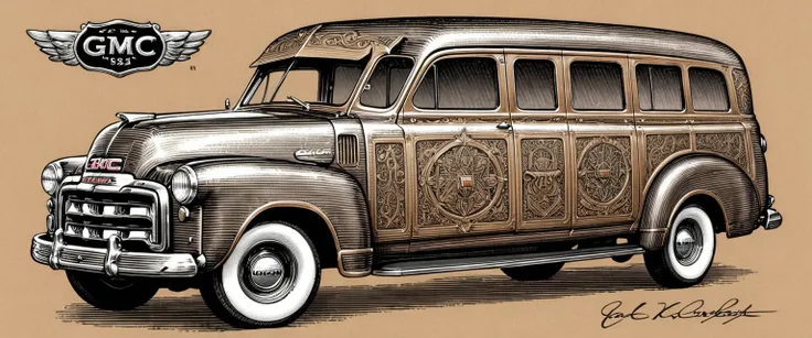 black and brown drawing of an 1952 gmc suburban carryall, on kraft paper, karl kopinski, fantasy, highly detailed, vlop and kren...