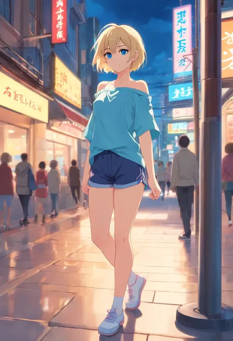 17 years old Women, ((Blonde)), ((Blue eyes)), ((Short hair)), ((Full Body)), She wears capri pants, a strapless t-shirt, a scarf around his neck, and ballerina shoes.