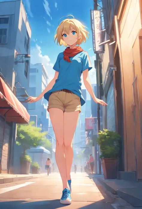 17 years old Women, ((Blonde)), ((Blue eyes)), ((Short hair)), ((Full Body)), She wears capri pants, a strapless t-shirt, a scarf around his neck, and ballerina shoes.