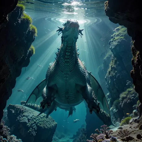 Underwater, light coming from above, deep water, looking up, aquatic dragon swimming overhead, looking at dragon from below, huge dragon, fish in background, rock ledges, seaweed, deep blue, focus on dragon, breathtaking, gorgeous 