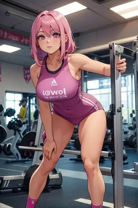 a pink haired woman with violet eyes with an hourglass figure in a sports uniform is working out in the gym