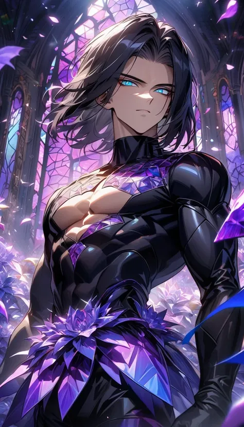 Ultra detailed, HDR, Highres, absurdres, master piece, Android 17, black hair, expressive blue eyes, Dragon Ball Z, patterns, black tight shirt, purple stained glass, purple ice, petals, purple ice flowers, sexy man, solo, extremely detailed face and eyes,...