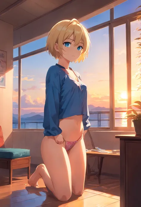 17 years old Women, ((Blonde)), ((Blue eyes)), ((Short hair)), ((Full Body)), Wear a Brazilian thong in a sunset-lit room