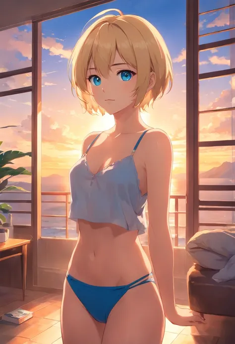 17 years old Women, ((Blonde)), ((Blue eyes)), ((Short hair)), ((Full Body)), Wear a Brazilian thong in a sunset-lit room