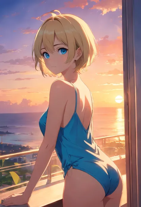 17 years old Women, ((Blonde)), ((Blue eyes)), ((Short hair)), ((Full Body)), Wear a Brazilian thong in a sunset-lit room