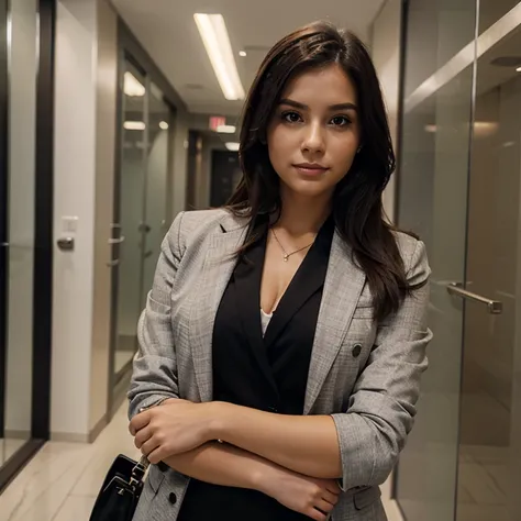 A businesswoman with a well-composed and formal blazer