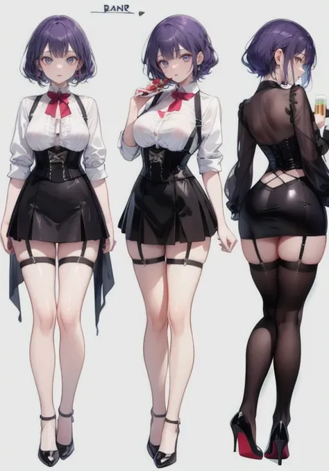 Purple Hair,Shortcuts,Adult female,(((bartender))),((Body Harness)),((Rolling up your sleevesＹshirt)),(corset),mini skirt(Short skirt),((garter belt)),High heels,((Simple Background)),smile,((Full Body)),((full body)),((whole body)),Character Sheet,