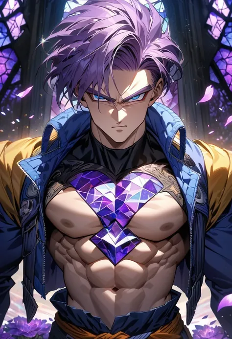 Ultra detailed, HDR, Highres, absurdres, master piece, Trunks, purple hair, expressive blue eyes, Dragon Ball Z, patterns, black tight shirt, blue jacket, purple stained glass, purple ice, petals, purple ice flowers, sexy man, solo, extremely detailed face...