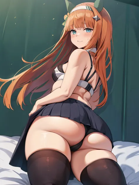 Plump thighs、On the back、おAssを突き出す、おAss、Ass、Best image quality、High resolution、masterpiece、super high quality、very short pleated skirt、おAssをこちらに向けている、おAssの撮影、Black and white lace bra、black and white lace panties、とても大きなおAss、おAssが大きすぎる、Low Angle、Blushing、4K ...