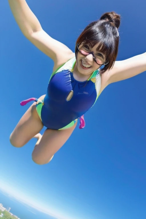 A beautiful Japanese woman in her late 20s with a bob cut is skydiving in the sky４０００Meters、She is sensual、Micro Bikini、Very sexy swimsuit、She has her arms and legs spread wide and is having so much fun.！Clear focus