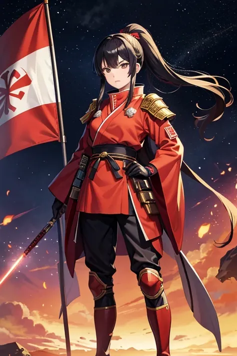 Anime Art、Full body portrait、Space SF Sengoku Warlords、A Japanese woman, about 180cm tall, around 48 years old, standing upright and wearing red armor、Angry、Black hair in a long ponytail、Arm guard、Leggers、boots、gloves、Carrying a red military flag