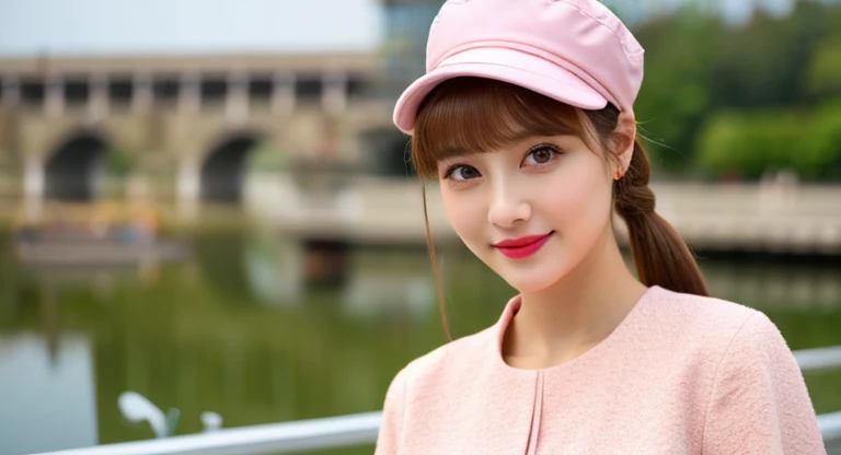 masterpiece, highest quality, Waterfront, banquet, 1 female, Mature Woman, elegant, Japanese, young, younger sister, Royal younger sister, Happy, Meatball Head, Light brown hair, Pink Eyes, Gorgeous hat, Light pink lips, Pink clothes, thread-like clothes, ...