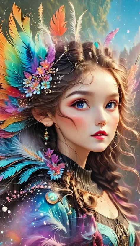 (seven-part shot:1.6), dramatic depiction of a stunning beauty with glittering wings，rainbow feathers，she flew over surrealism，d...