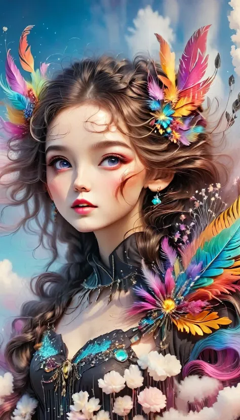 (seven-part shot:1.6), dramatic depiction of a stunning beauty with glittering wings，rainbow feathers，she flew over surrealism，d...