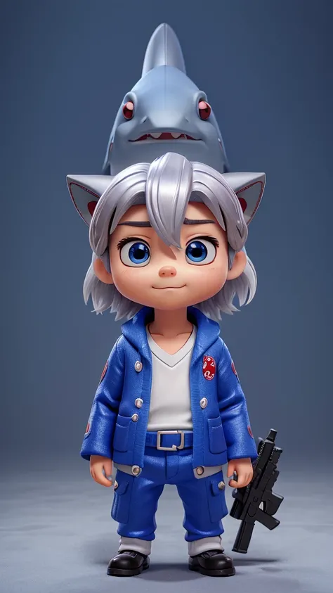 He is a Japanese、Silver Hair、shark costume、Qibi、Super mini、blue eyes、big eyes、There is a small、There is a toy gun、