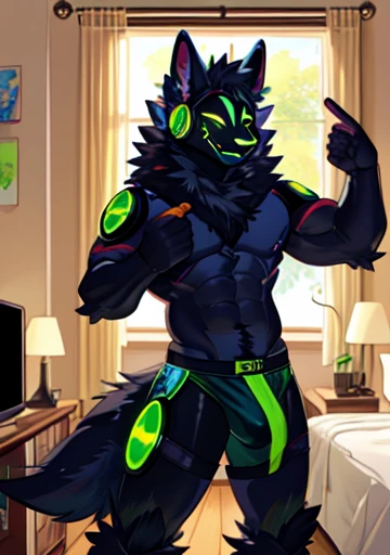 Protogen, (black fur with some green strands of fur) , bedroom, happy, male, 8 foot 0, standing over viewer, looking at viewer, muscular, (big ass), front view, naked, pulling down green glowing underwear, green glowing balls,