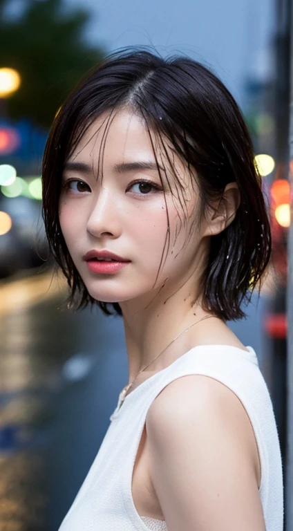 ((highest quality、masterpiece:1.3))、Sharp focus:1.2、(Realistic、Photorealistic:1.37)、Perfect beautiful woman、Highly detailed face and skin texture、Fine eyes and double eyelids、Short-cut hair that gets wet、 bust、Small Necklace、Sleeveless shirt that gets wet ...