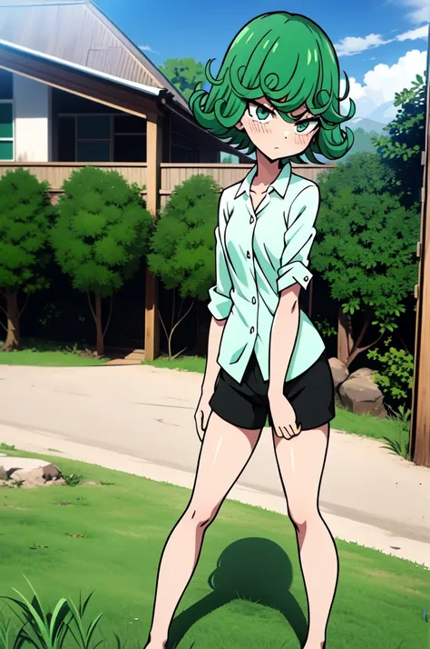 absurdres, highres, ultra detailed, tatsumakitornado, short green hair, curly hair, white shirt, black shorts, outdoors, green e...