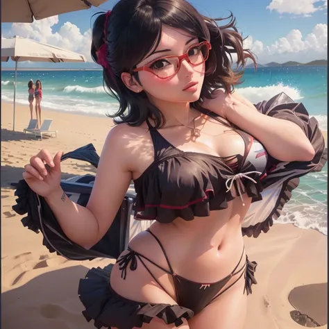 anime girl with glasses and bikini posing on the beach, Garota sedutora de anime, beautiful alluring mulher anime, extremely detailed artegerm, trending artegerm, alena aenami and artegerm, even model | artegerm, beautiful mulher anime, mulher anime, style...