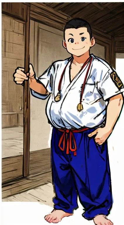 A fat, ugly fifth grade boy with a shaved head is standing there smiling in the shrine&#39;s white happi coat and gym shorts.。