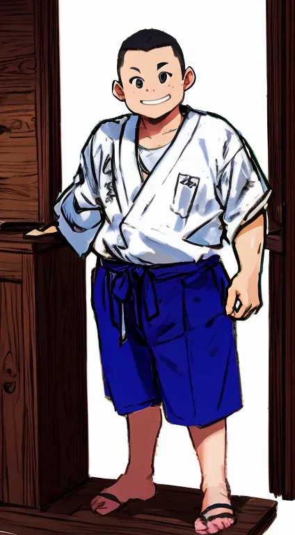 A fat, ugly fifth grade boy with a shaved head is standing there smiling in the shrine&#39;s white happi coat and gym shorts.。