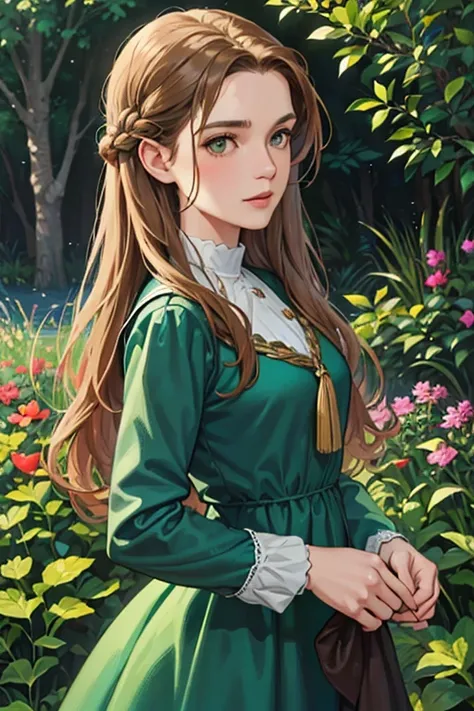 a digital painting of a woman with long brown wavy hair, green eyes, a young noble woman from the 1800s , soft features, navy blue dress, in a garden, portrait style