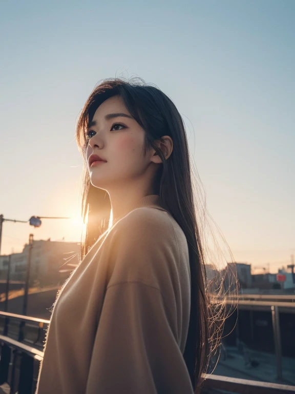 Beautiful Korean K-pop idol female photos,  Simple and nostalgic, Autumn evening light, Professional iPhone Photography，Station Background，Hesitant expression，A gentle breeze blows