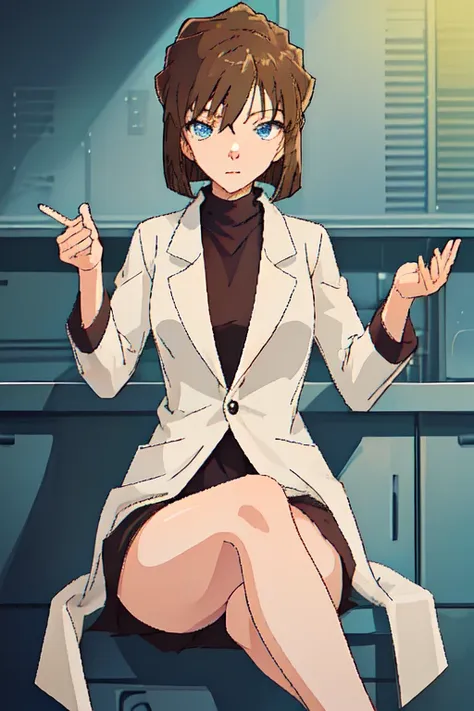 1 girl, brown hair,short hair,blue eyes,whole body,laboratory,sitting,, (masterpiece, best quality, high quality, high resolutio...