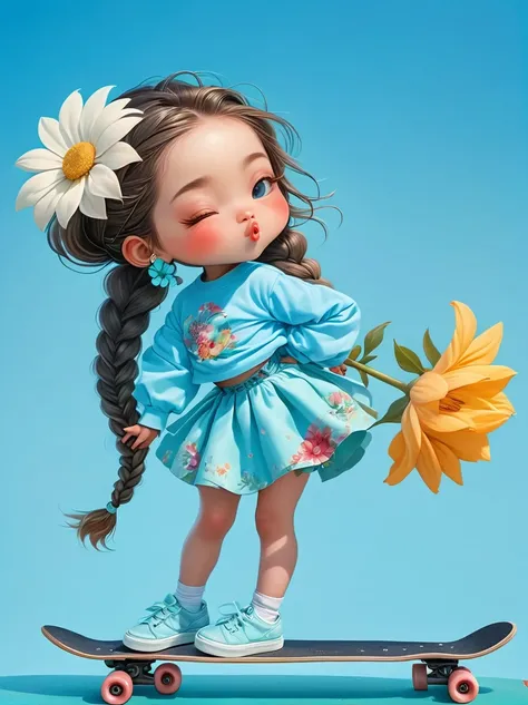 Cute little girl with long braids，Kissing in front of the camera，Wearing a skirt，Holding a huge flower，(Close one eye:1.6)，On a skateboard，Light blue background，full body，chibi anime，Surrealism，cartoon Q version, by Tiago Hoisel