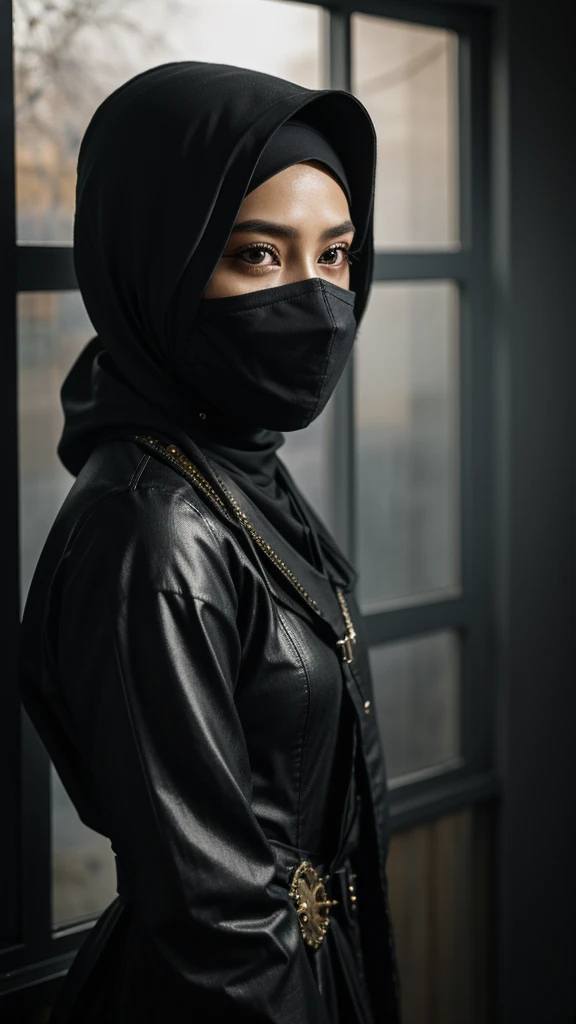 Craft a photorealistic scene of a Malay girl in hijab masker mouth as an intrepid explorer in cyberpunk world. standing on living room, Showcase intricate gears, Victorian-inspired fashion, and a sense of adventure in this alternate reality, 8mm lens, Extr...