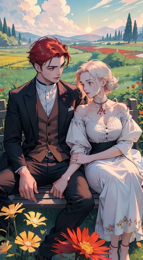 A man and a woman are sitting in a meadow of red flowers, sunset, Irish Man, Campo florescente, Dandelion floating in the wind, estilo romance, garoto e mulher, flores vermelhas, garoto de jaqueta de couro e causa jeans, Flying dandelion